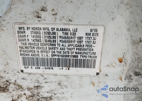 2009 Honda Ridgeline Rt из США, поврежденный, VIN 5FPYK16239B105889